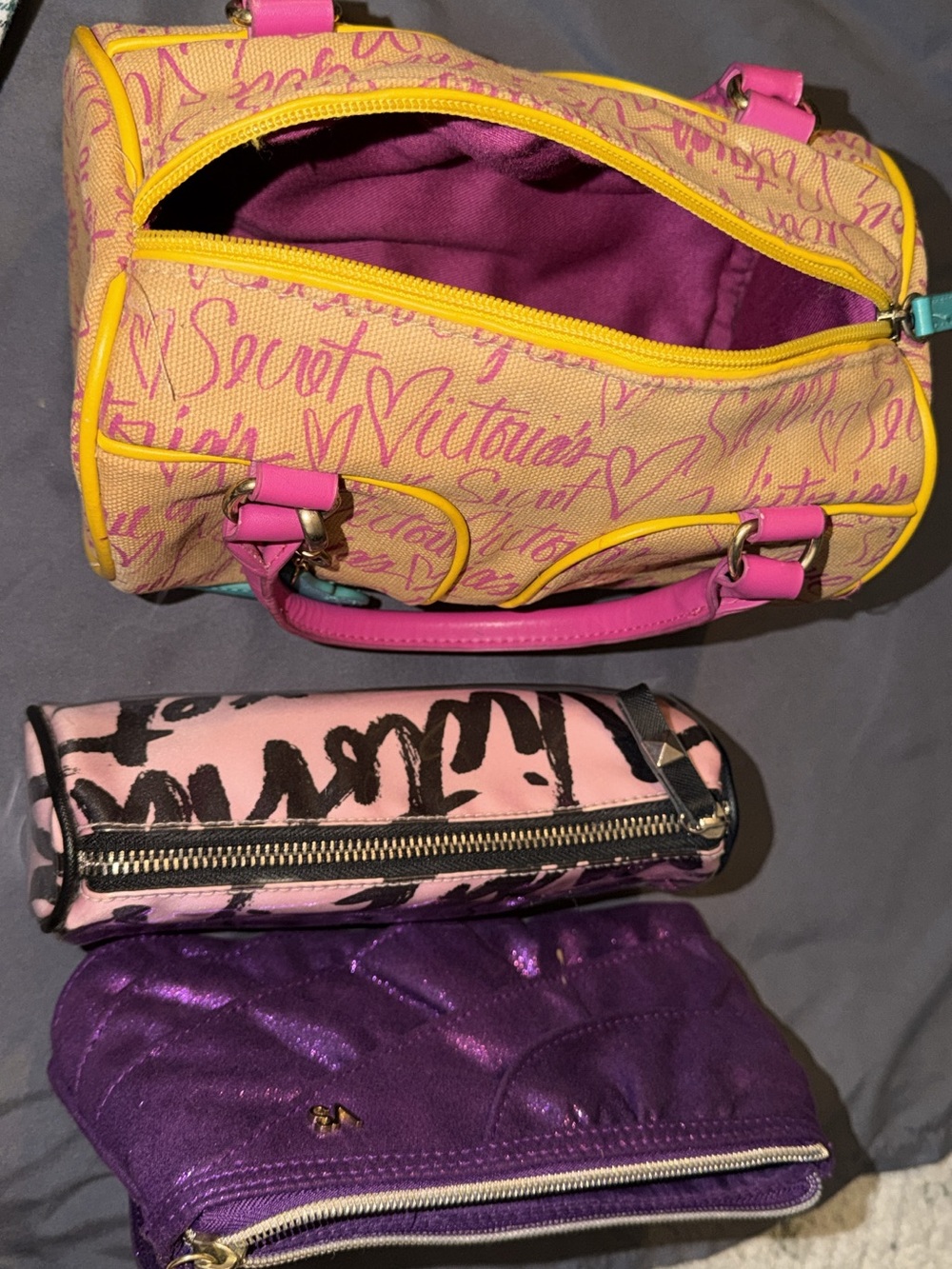 Victoria's Secret Pink & Yellow Graffiti Cosmetic Satchel Set